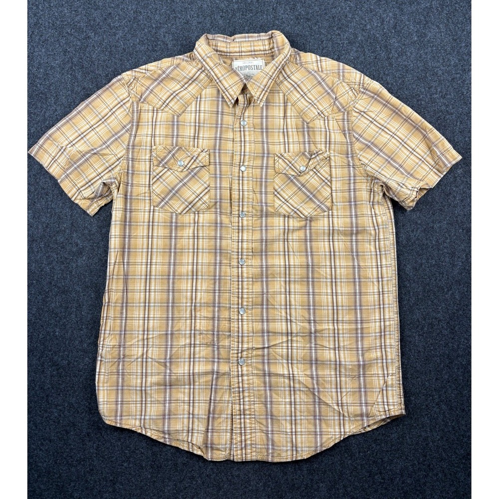 Aeropostale Mens Medium Yellow Plaid Short Sleeve Western Pearl Snap Shirt